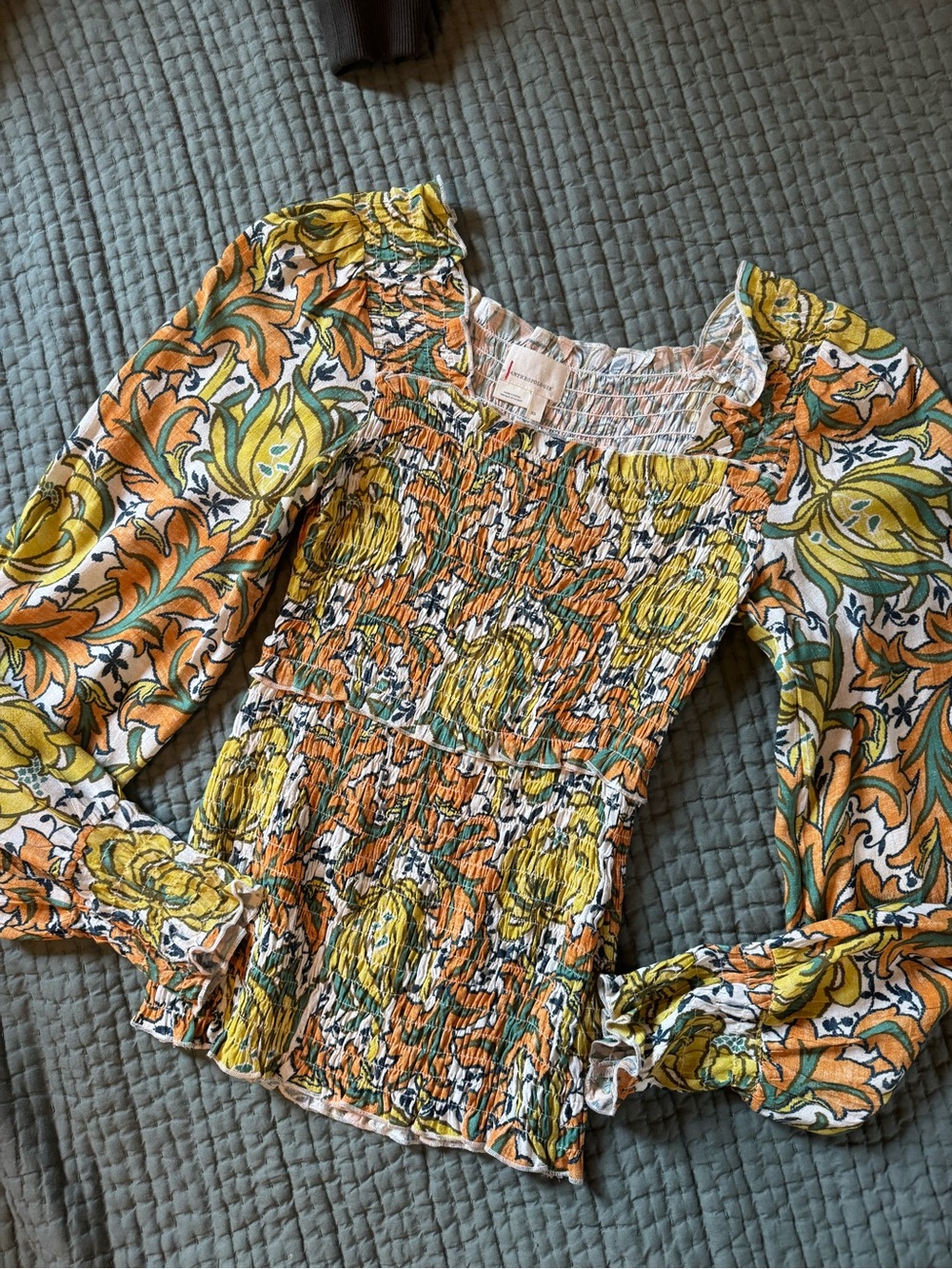 Anthropologie Smocked Floral Long-Sleeve Women's Top in Yellow & Orange